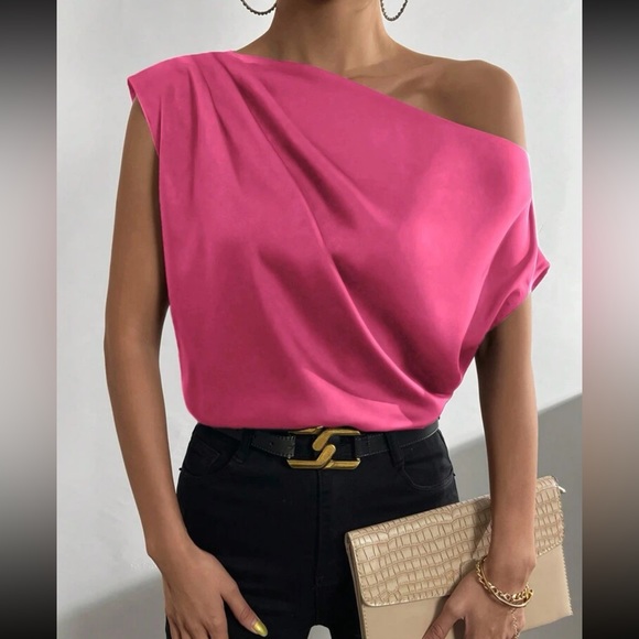 Ruched  mauve purple asymmetrical neck blouse - Picture 12 of 16